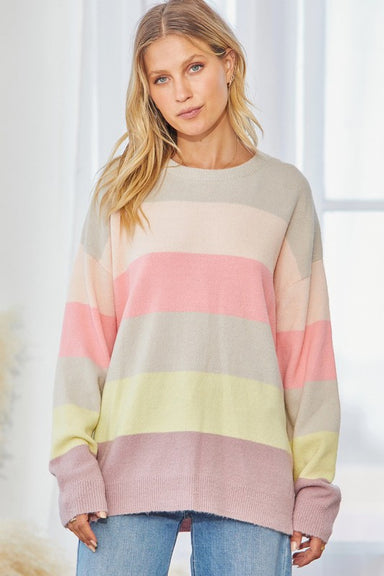 Andree by Unit Steve Sweater - Multi, long sleeve , round neck, pullover, striped, curvy