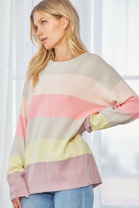  Andree by Unit Steve Sweater - Multi, long sleeve , round neck, pullover, striped, curvy