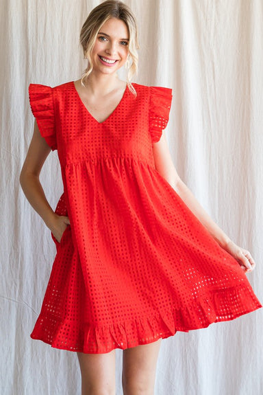 Jodifl Gridlock Dress - Tomato Red, textured, pockets, v-neck, babydoll, short flutter sleeves, ruffle hem 