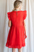 Jodifl Gridlock Dress - Tomato Red, textured, pockets, v-neck, babydoll, short flutter sleeves, ruffle hem