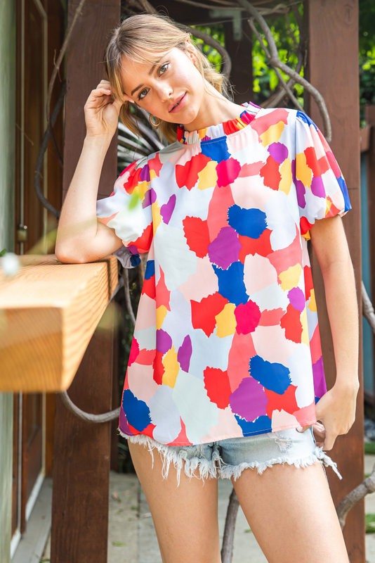 Jodifl Bridgett Top - Multi, abstract print, multi color, mock neck, puff sleeve, wear to work, dressy