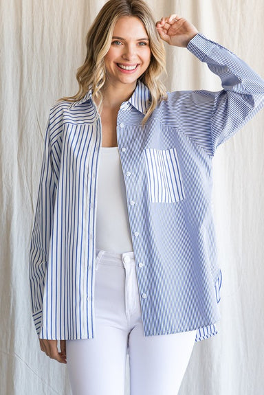 Jodifl Nantucket Top - Blue, long sleeves, stripes, color blocked, button down, collared, front pocket