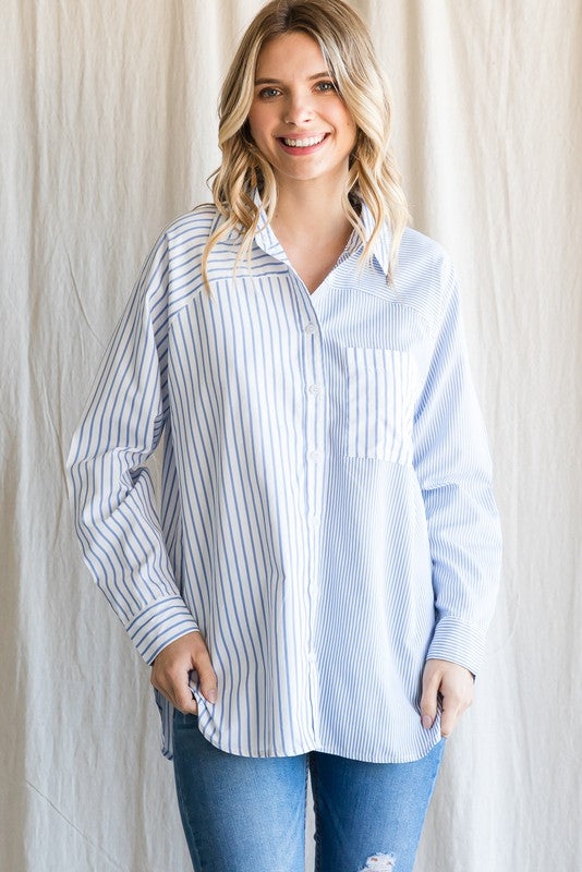 Jodifl Nantucket Top - Blue, long sleeves, stripes, color blocked, button down, collared, front pocket