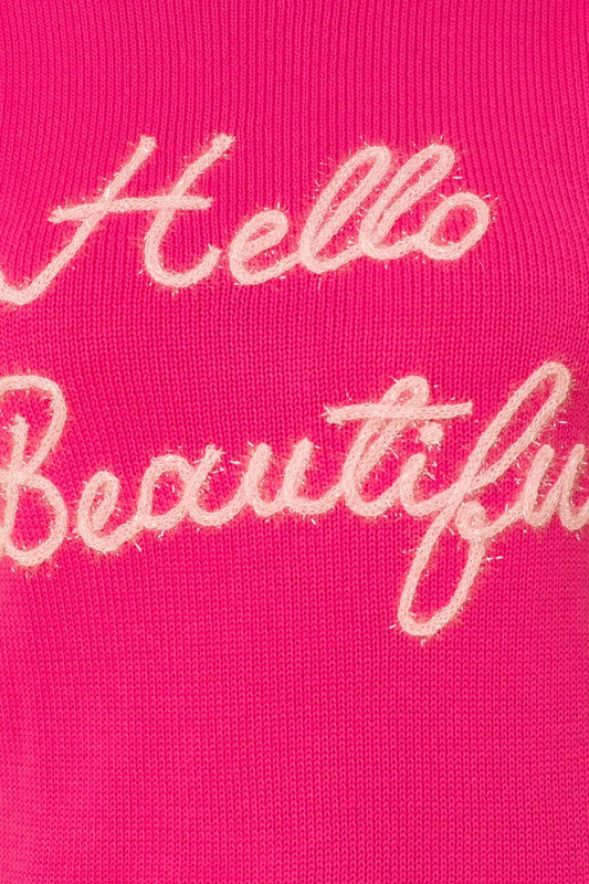 Gilli Hello Beautiful Sweater - Pink, short puff sleeves, glitter writing, rounded neck, curvy