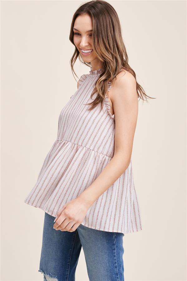 Staccato Michelle Top - Taupe, ruffle collar, ruffle sleeve, sleeveless, babydoll, stripes
