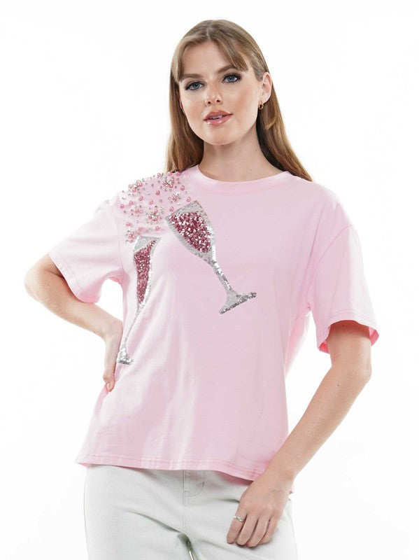 Why Dress Champagne Time Top - Pink, short sleeves, bedazzled, sequins, rounded neck, curvy