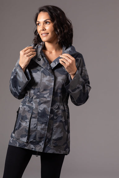 Anorak Jacket - Black Camo, pockets, zipper, buttons, long sleeves, hood, roll sleeves, water repellant