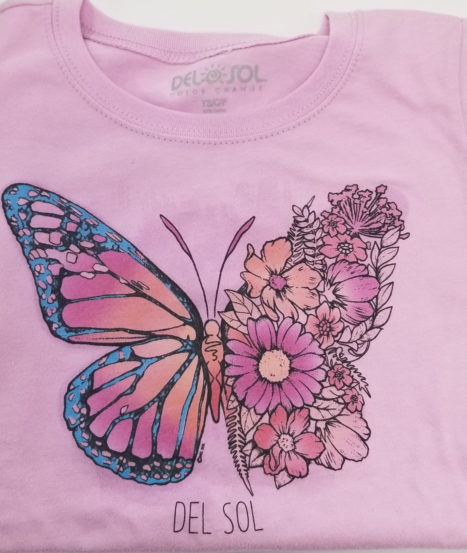 Del Sol Color Changing Butterfly Floral Lilac Tee