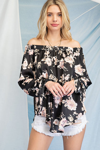 143 Story Fergie Top - Black, floral print, off the shoulder, tie at wrist, trapeze style, long sleeve