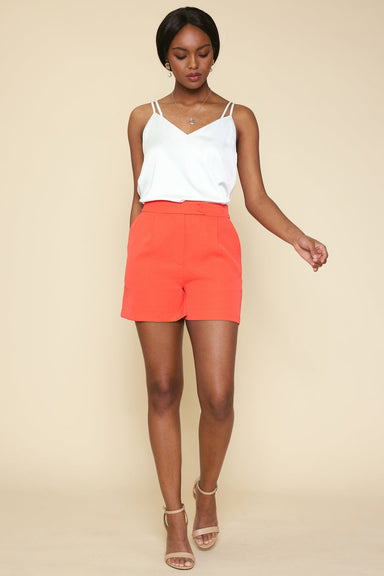 Skies Are Blue Eden Shorts -Neon Coral, pleated, high waist, button tab, elastic back, curvy