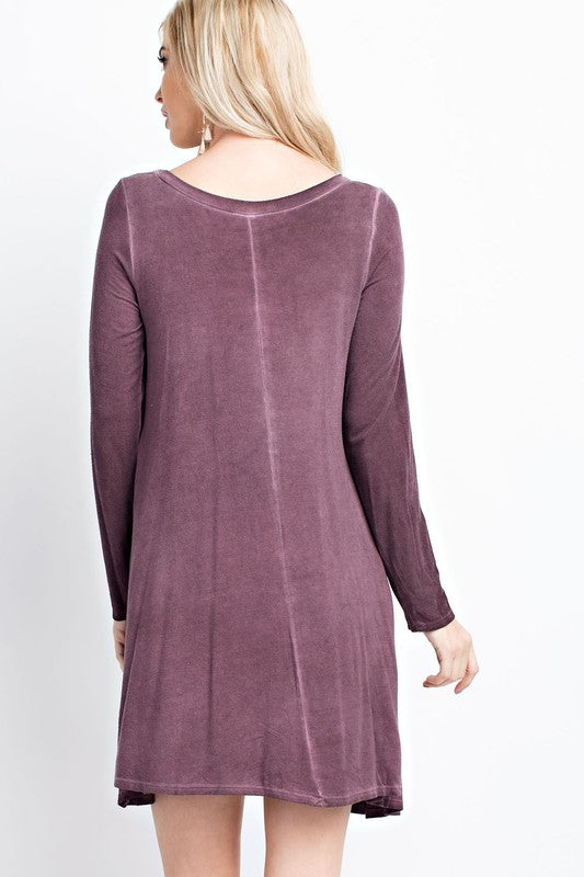 143 Story Astrid Swing Dress - Burgundy. garment dyed, round neckline, long sleeves