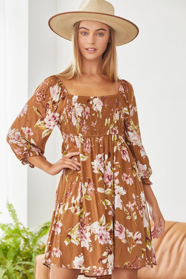 Andree by Unit Donna Dress - Rust, 3/4 sleeve, smocked bodice, floral print, balloon sleeve, square neckline, curvy