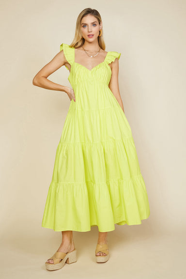 Skies are Blue Summer in Paris Maxi Dress - Lime Yellow, ruffle cap sleeves, sweetheart neckline, tiered, curvy