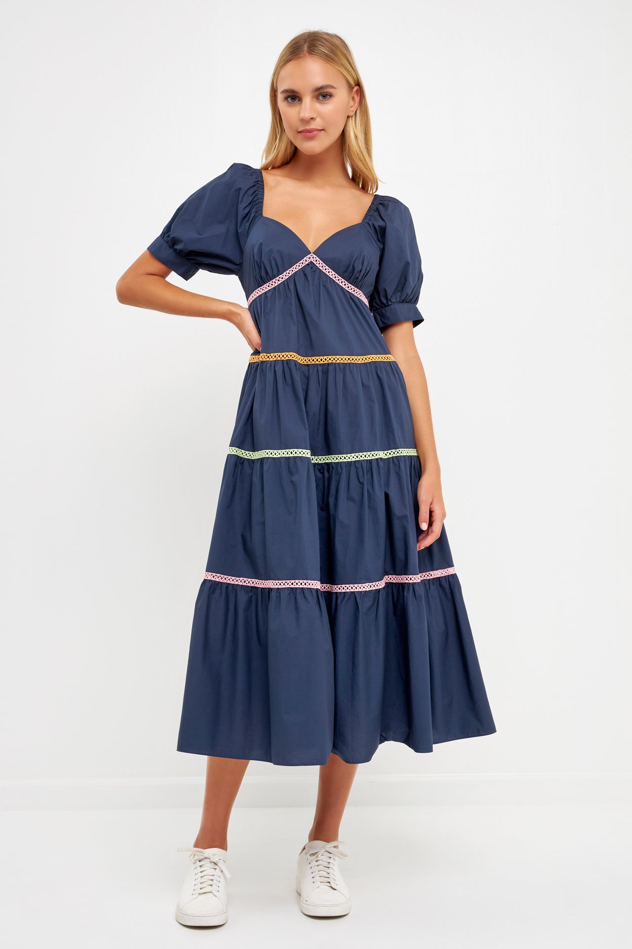 English Factory Annie Midi Dress- Navy, short puff sleeves, ribbon trimmed, sweetheart neckline, tiered