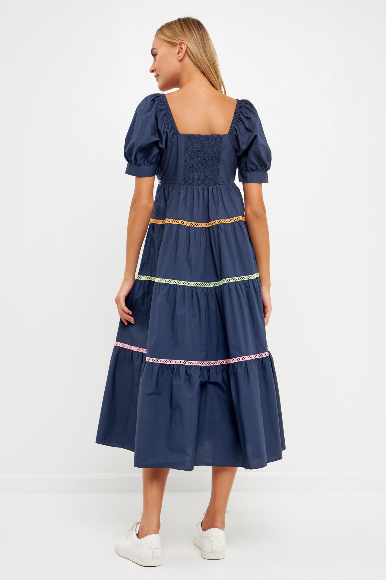 English Factory Annie Midi Dress- Navy, short puff sleeves, ribbon trimmed, sweetheart neckline, tiered