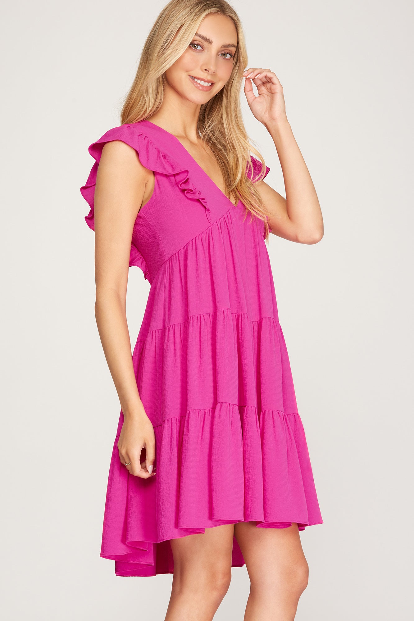 She+Sky Ready For Anything Dress-Magenta Pink, short ruffle sleeves, v-neck, tiered, curvy