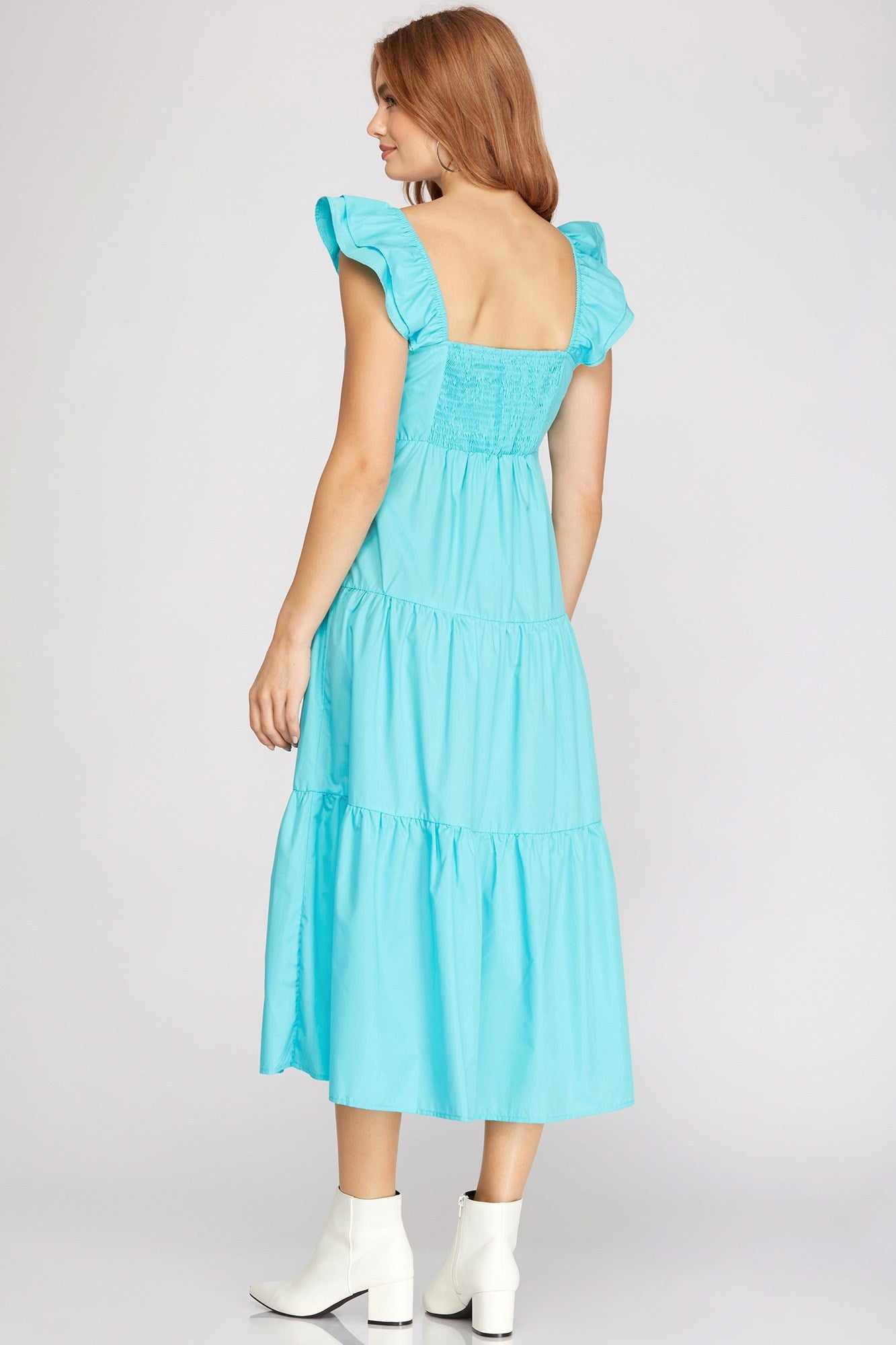 She+Sky Seaside Walk Dress-Mint Blue, short ruffle sleeves, tiered, maxi