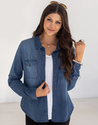 Grace & Lace Lace Stretch Chambray Button Up - Classic Wash