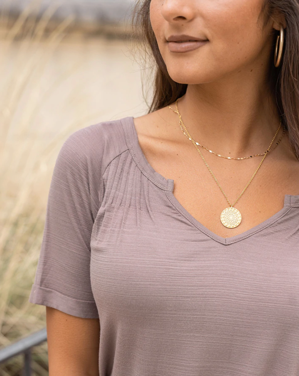 Grace & Lace Lazy Day Pleated Tee- Latte