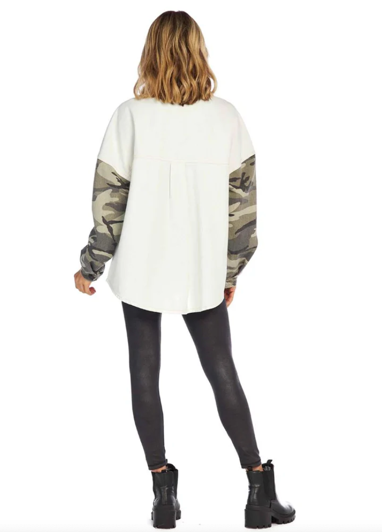 Mud Pie Rhodes Shacket - Cream Camo, oversized, printed sleeve, pocket front, button downm, collared