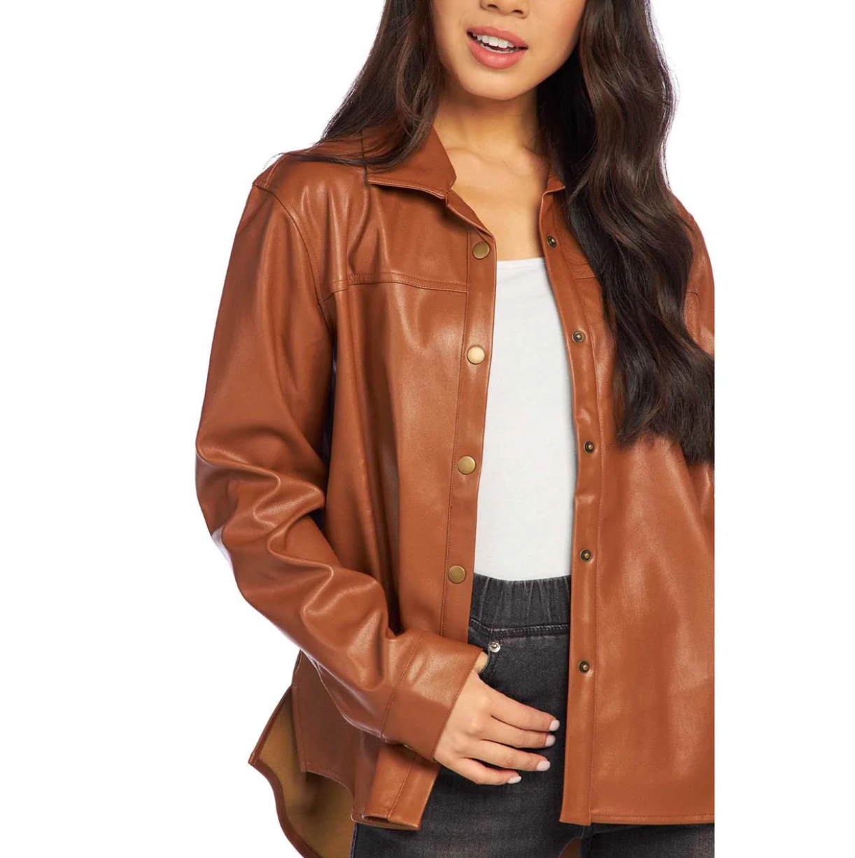 Mud Pie Salem Shacket - Brown faux leather, collared, snap button closure