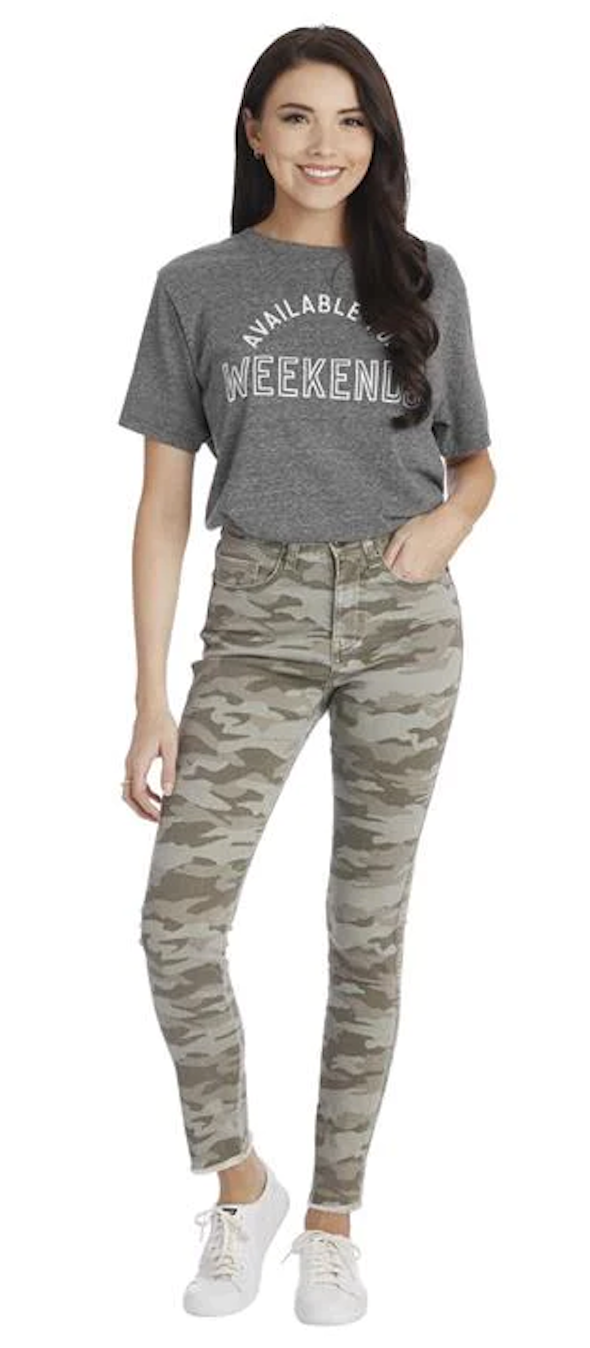 Mud Pie Wylie Printed Jeans - Gray Camo, raw hem, button and zipper, font pockets