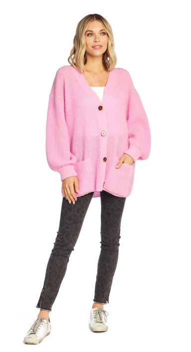 Mud Pie Shelton Cardigan - Pink, oversized, long sleeves,v-neck, button down, front pockets