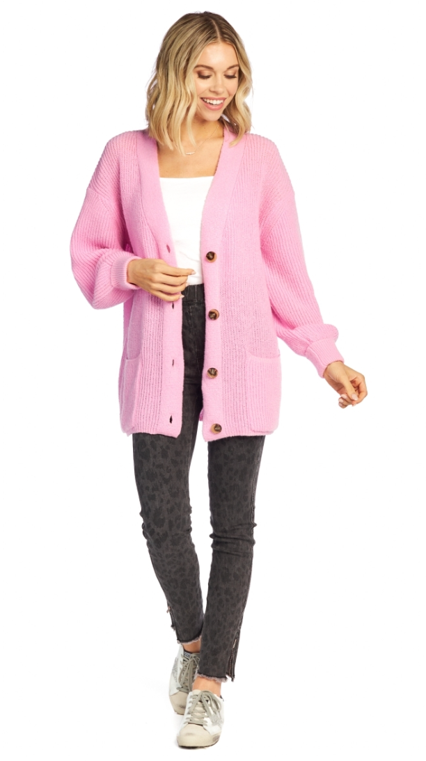 Mud Pie Shelton Cardigan - Pink, oversized, long sleeves,v-neck, button down, front pockets