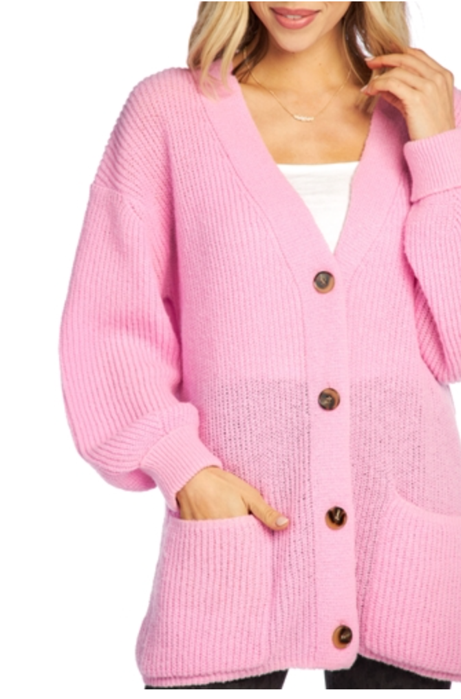 Mud Pie Shelton Cardigan - Pink, oversized, long sleeves,v-neck, button down, front pockets