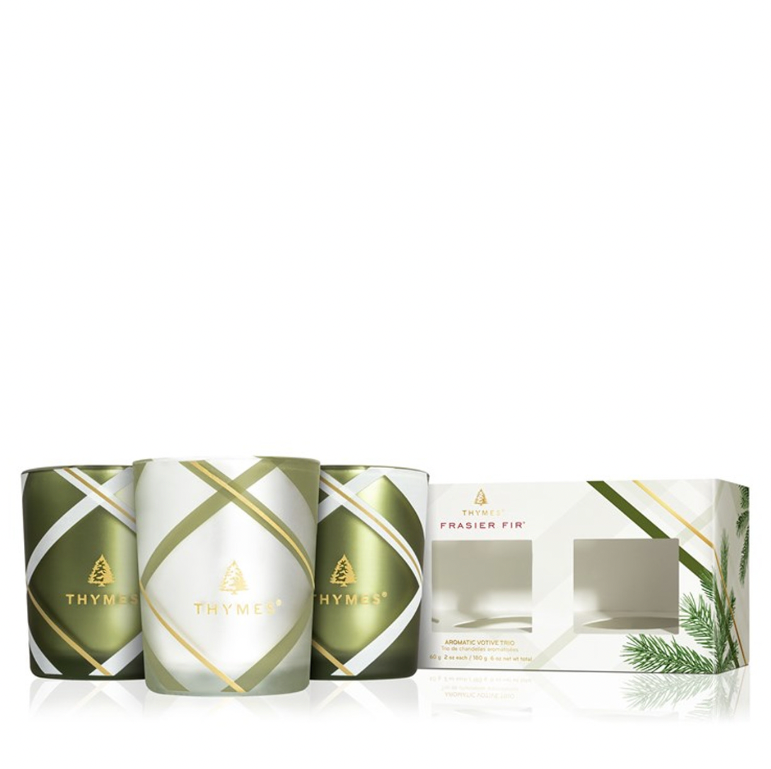 Thymes Frasier Fir Frosted Plaid Votive Candle Trio
