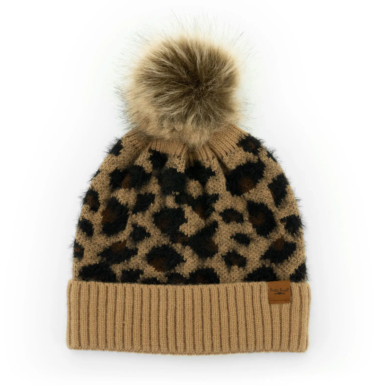 Britt's Knits Snow Leopard Pom Hat - Tan