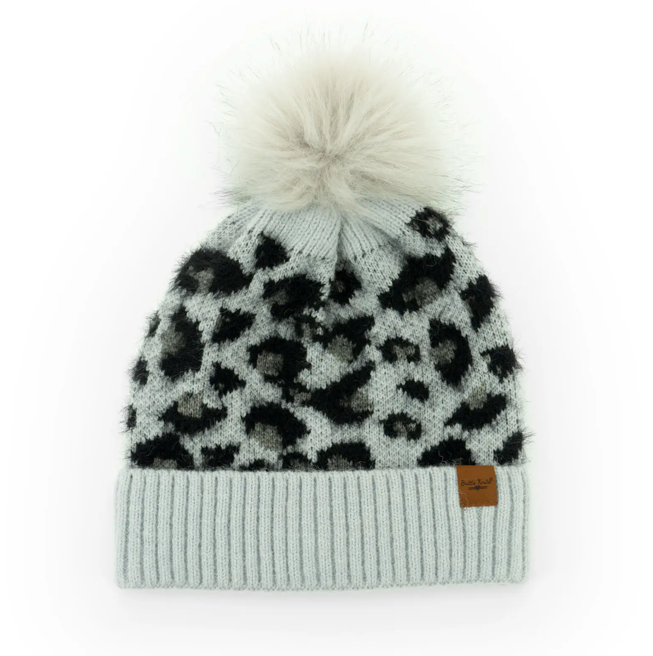 Britt's Knits Snow Leopard Pom Hat - Gray