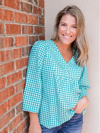 Michelle McDowell Maddox Top - Gathered Goods Emerald, 3/4 balloon sleeves, buttons, v-neck, gingham, curvy