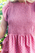 Michelle McDowell Elyse Top - Sweet Talker Bubblegum, short ruffle sleeves, smocked, peplum, printed, curvy