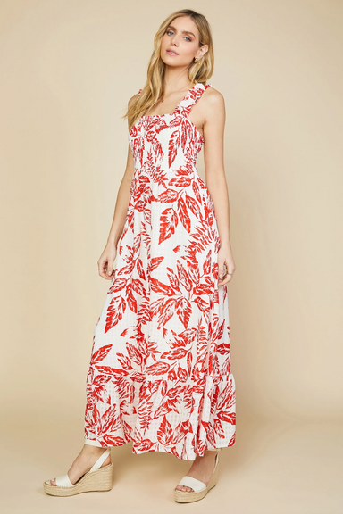 Skies are Blue Tropical Dreams Dress - Off White & Red Maxi, smocked straps, smocked bodice, ruffle hem, textured, curvy