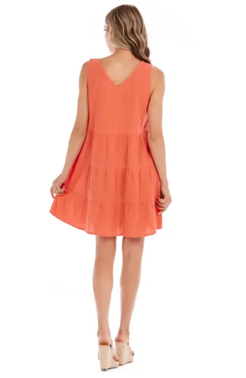 Mud Pie Mindy Tiered Dress - Coral, tiered, sleeveless, button closure, v-neck, mini