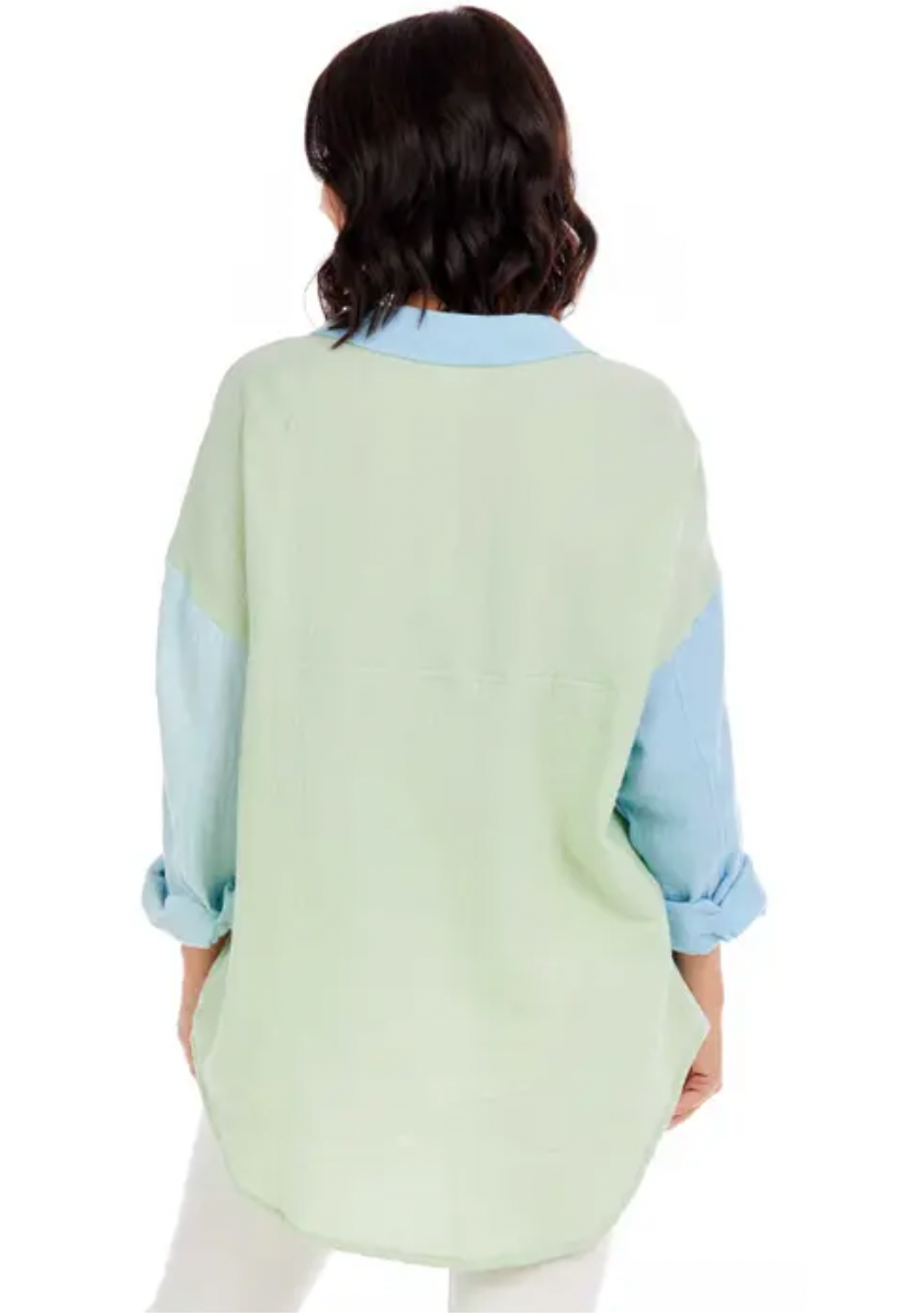 Mud Pie Roslyn Button-Down Top - Blue, button down, long sleeves, pocket, color block, collared, oversized