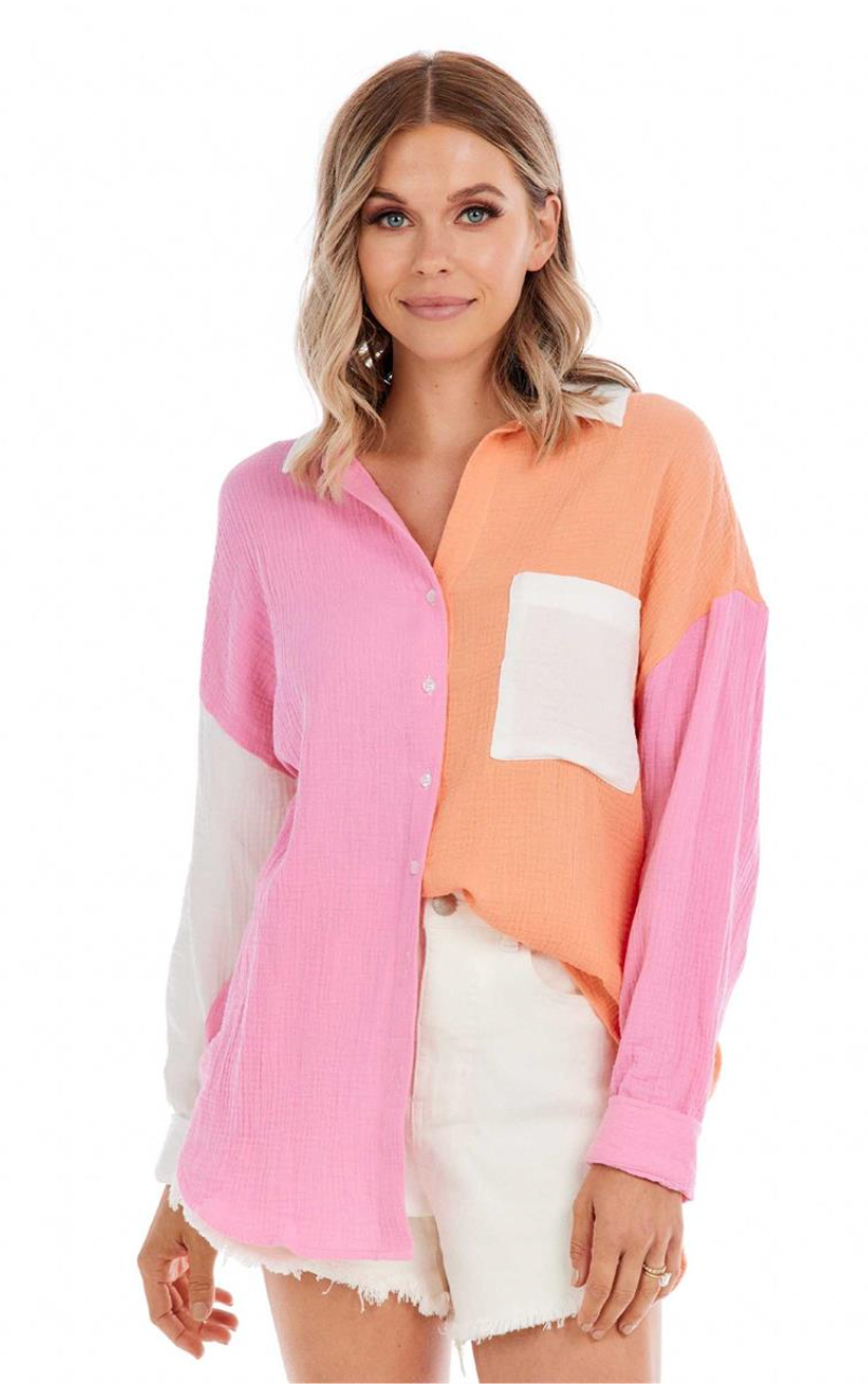 Mud Pie Roslyn Button-Down Top - Pink button down, long sleeves, pocket, color block, collared, oversized