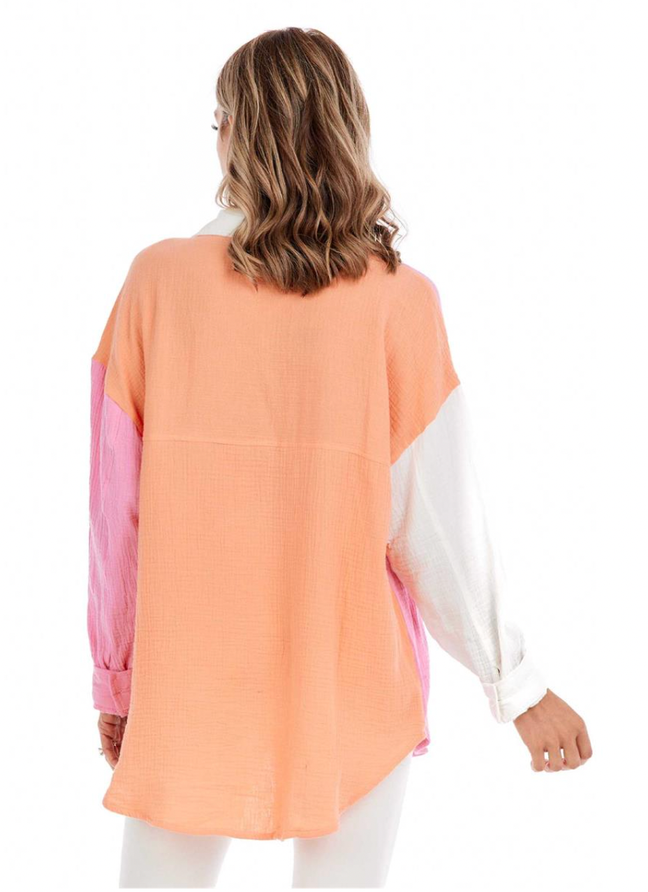  Mud Pie Roslyn Button-Down Top - Pink button down, long sleeves, pocket, color block, collared, oversized
