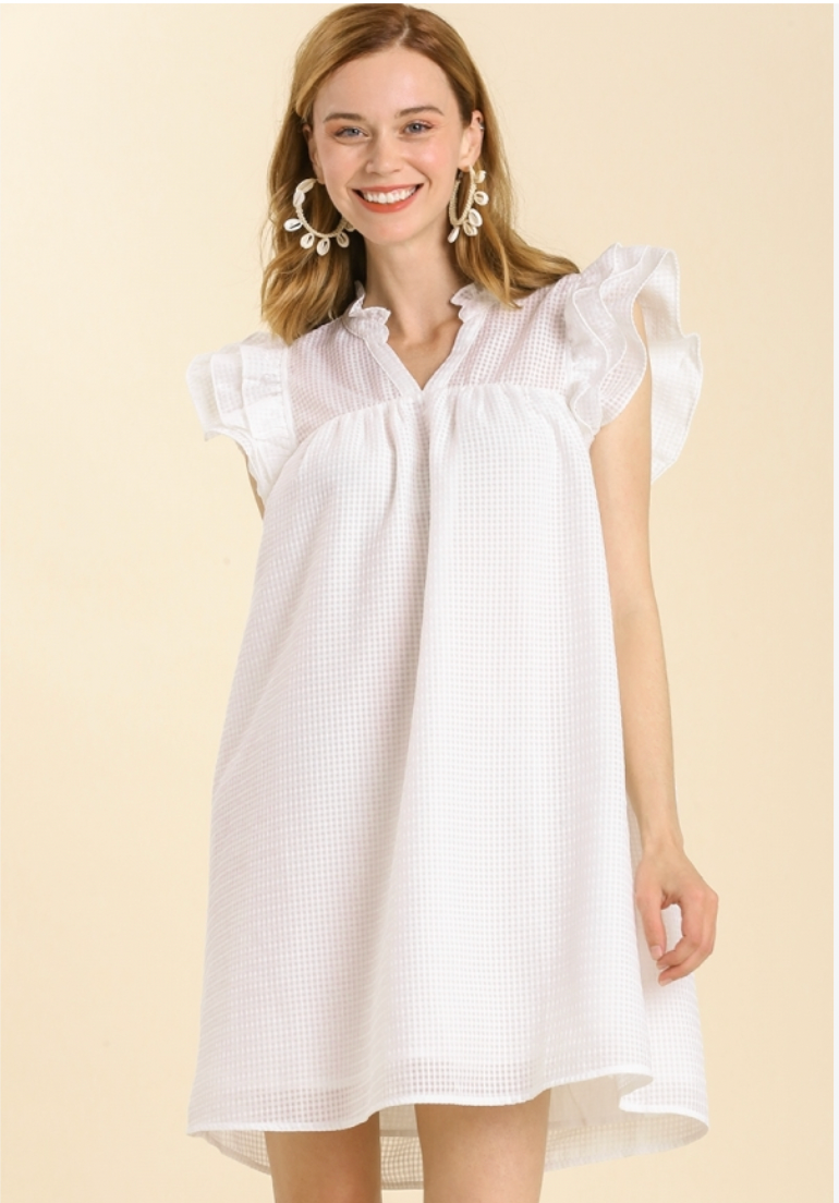 Umgee Abby Dress - Off White, short ruffle sleeves, basketweave, split neck, mini, curvy