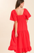 Umgee Bethany Dress - Scarlet, short flutter sleeves, square neck, tiered, midi, button down, elastic back, curvy
