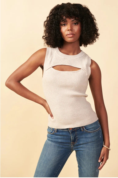 Skies are Blue Making the Cut Top - Oatmeal, sleeveless, cut out, ribbed, sweater, curvy