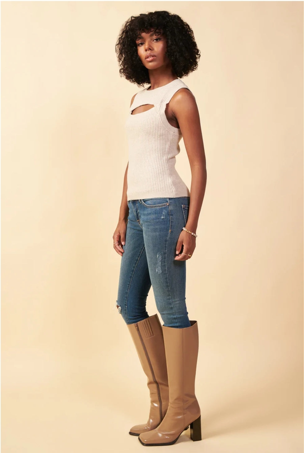 Skies are Blue Making the Cut Top - Oatmeal, sleeveless, cut out, ribbed, sweater, curvy