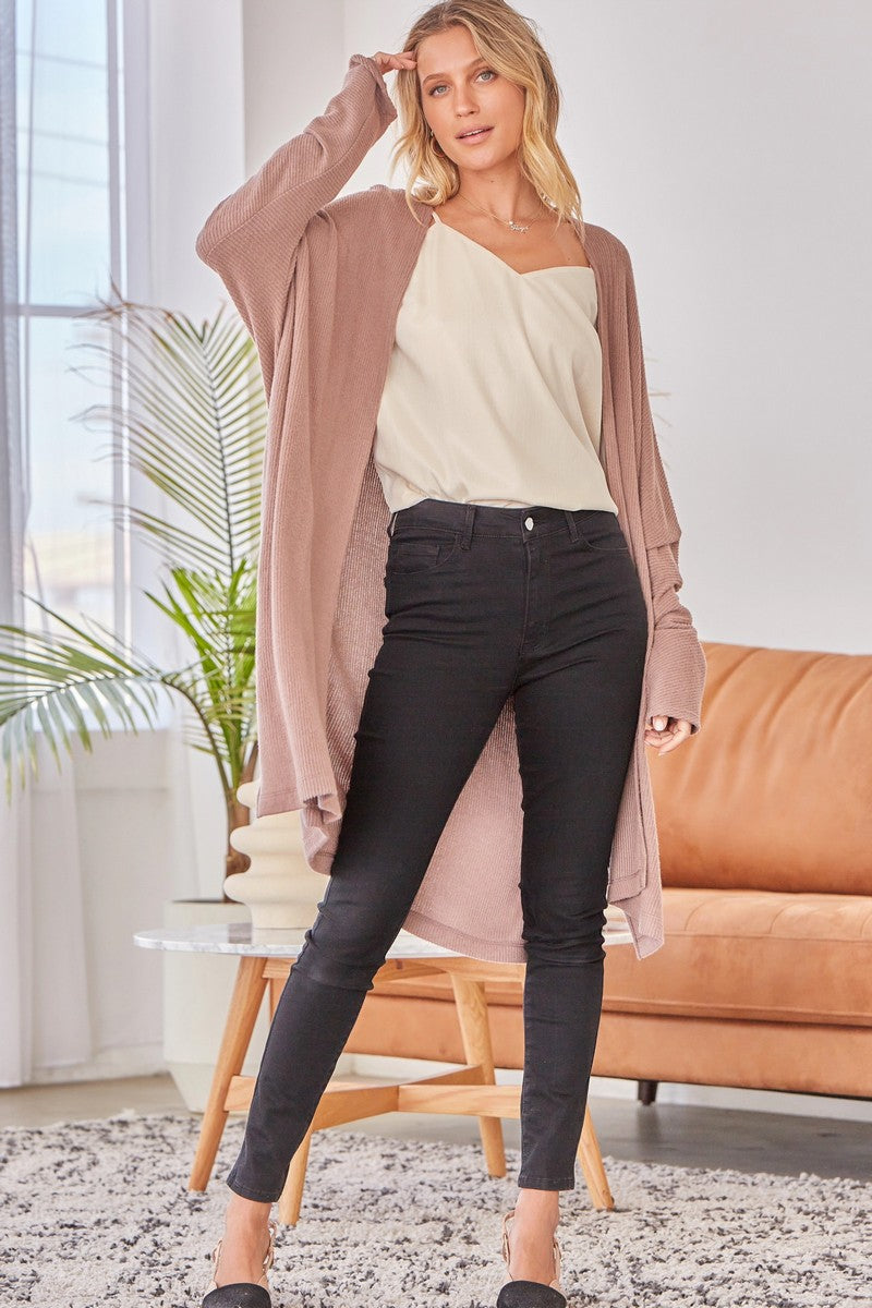 Andree by Unit Comfy Cozy Cardigan - Mocha, long sleeves, pockets, side slits oversized, open front