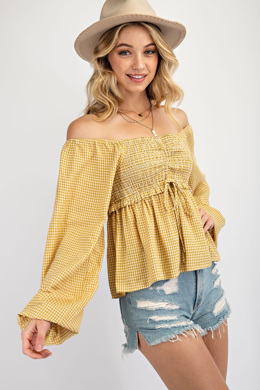 143 Story Georgia Top - Honey, ruched bodice, off the shoulder, long sleeve, ginghman, tiered sleeve