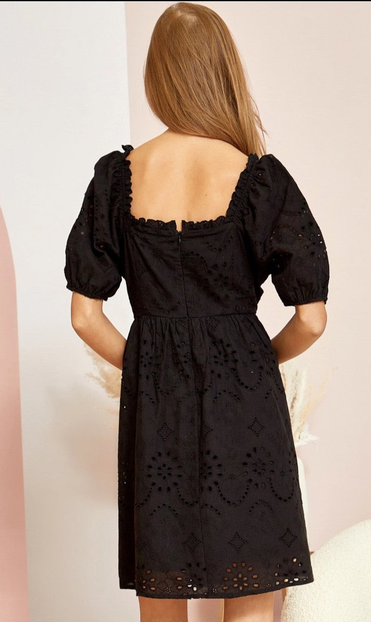 Andree By Unit Farleigh Dress - Black, short puff sleeves, sweetheart neck, mini, eyelet, ruffle neckline, zipper back, curvy