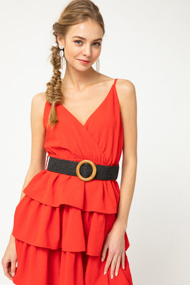 Entro Claudine Dress - Red, v-neck, crossover, belted, thin strap, mini, tiered