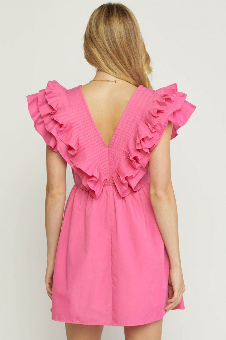 Entro Ruffle Pleated Crepe Dress- Pink