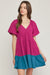 Entro Jackie Dress - Plum, tiered, color block, short puff sleeves, v-neck, midi, curvy