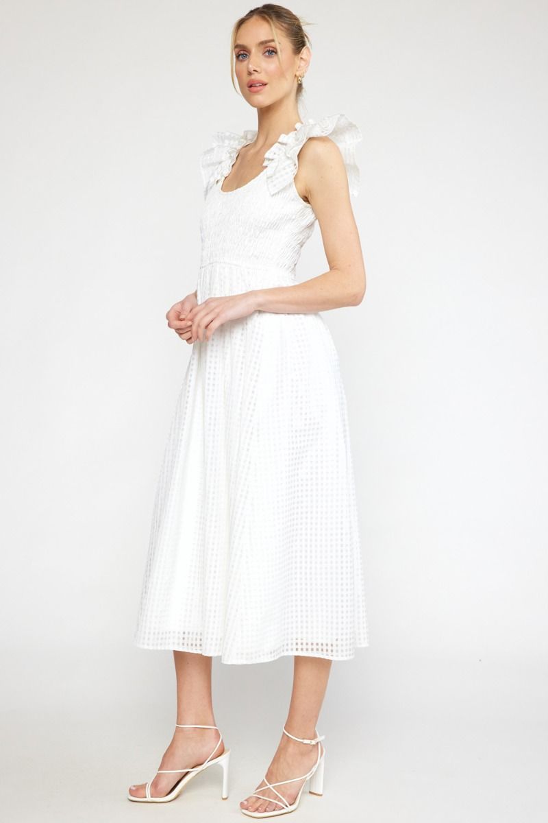 Entro Happily Ever After Dress-White, grid, round neck, short ruffle sleeve, midi, lined